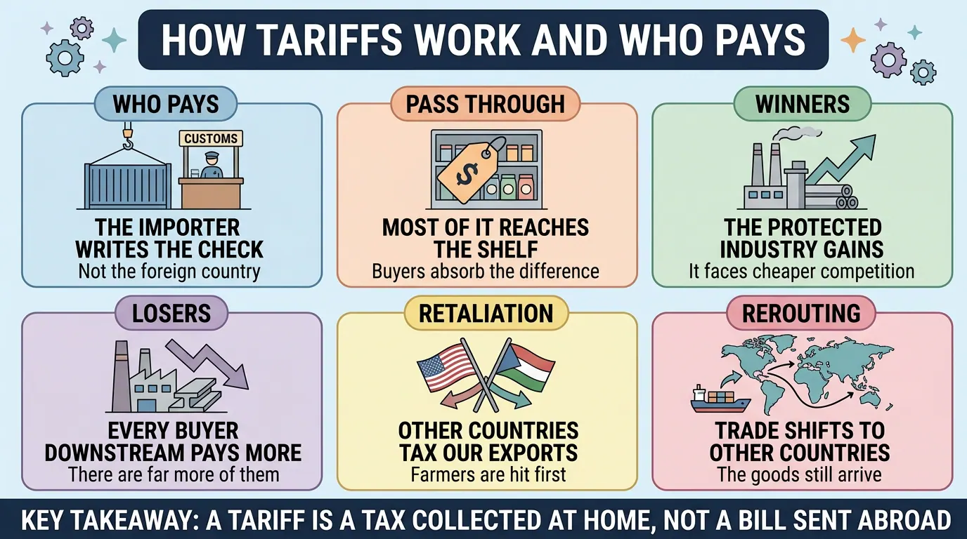 Six panels on tariffs: the importer writes the check, most of the cost reaches the shelf, protected industry gains, downstream buyers lose, other countries retaliate, and trade reroutes.