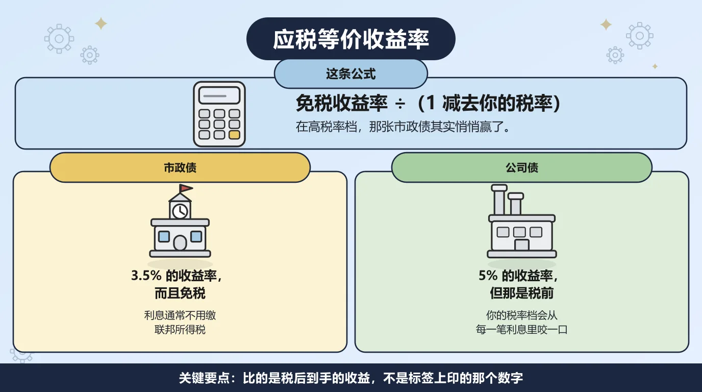 把一张 3.5% 的免税市政债和一张 5% 的应税公司债摆在一起比较：市政债的利息通常不用缴联邦所得税，公司债的每一笔利息都会被你的税率档咬走一口，而应税等价收益率的算法是免税收益率除以 1 减去你的税率，在高税率档那张市政债其实悄悄赢了。