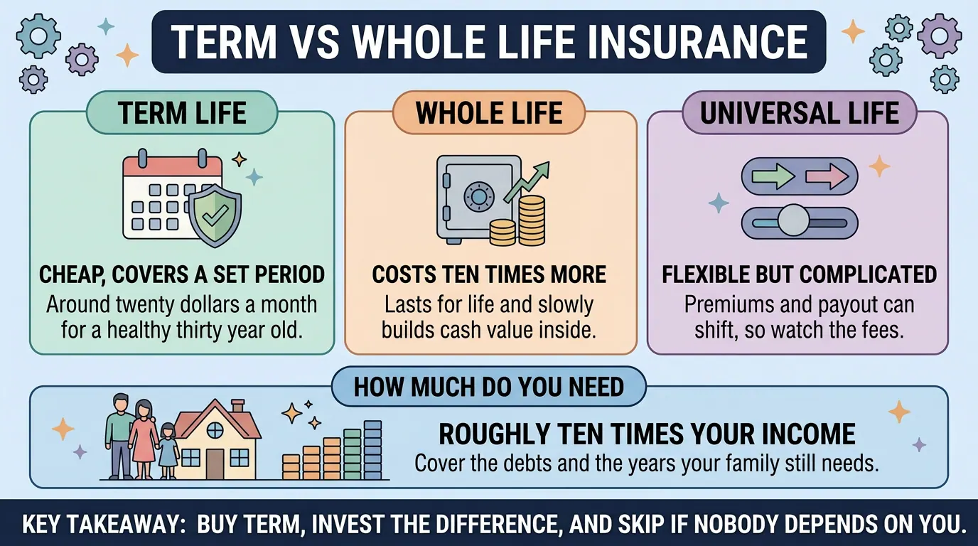 Three life insurance types compared (term, whole and universal) with a coverage rule of roughly ten times income and the takeaway to buy term and invest the difference.