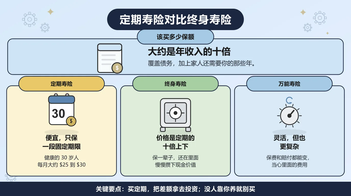 三种人寿保险的比较：定期寿险便宜，只保一段固定期限；终身寿险价格是它的十倍上下，保一辈子并在里面慢慢攒下现金价值；万能寿险灵活但复杂，保费和赔付都会变。保额大约买到年收入的十倍。