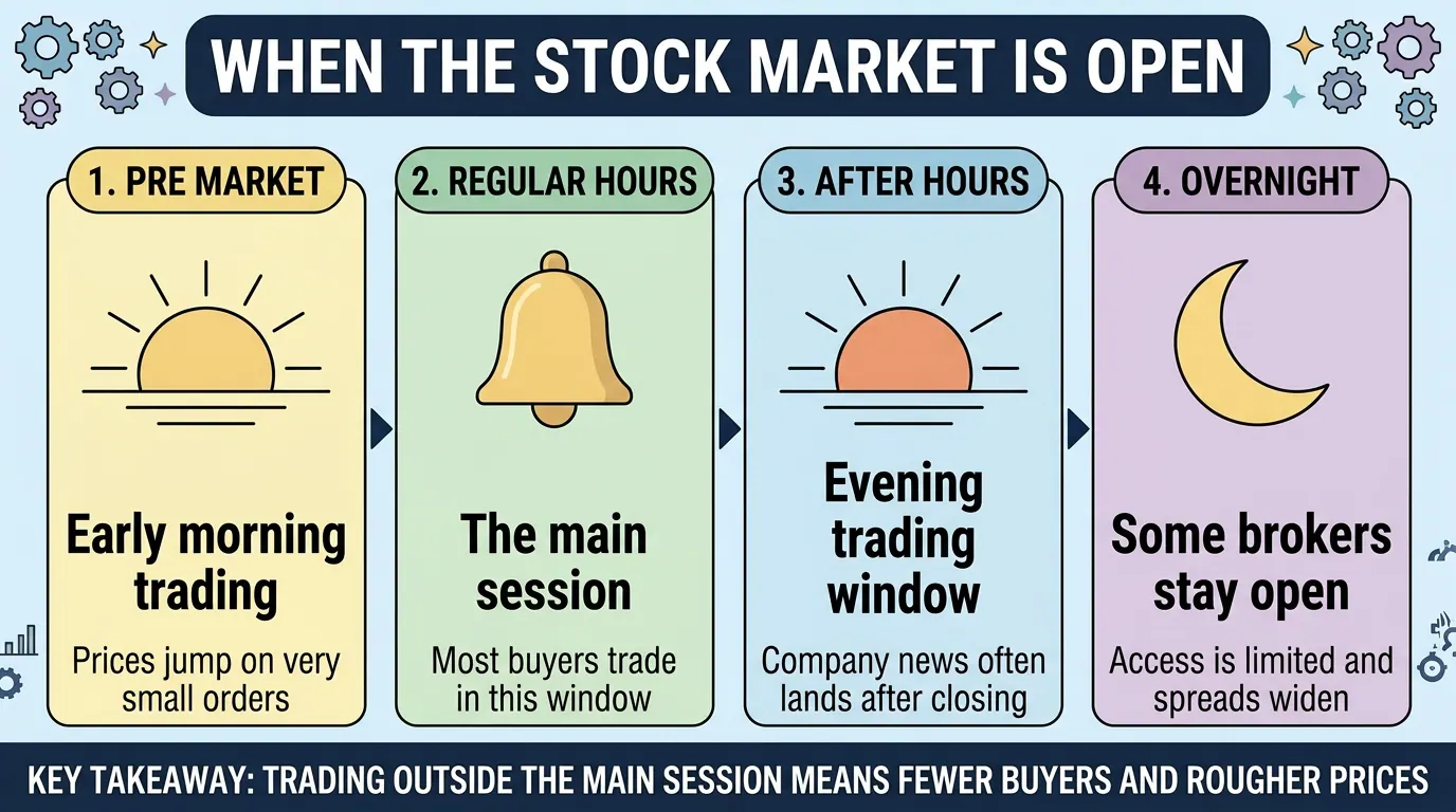 Four trading sessions in sequence: premarket, regular hours, after hours and overnight, with thinner crowds, wider spreads and rougher prices outside the main session.