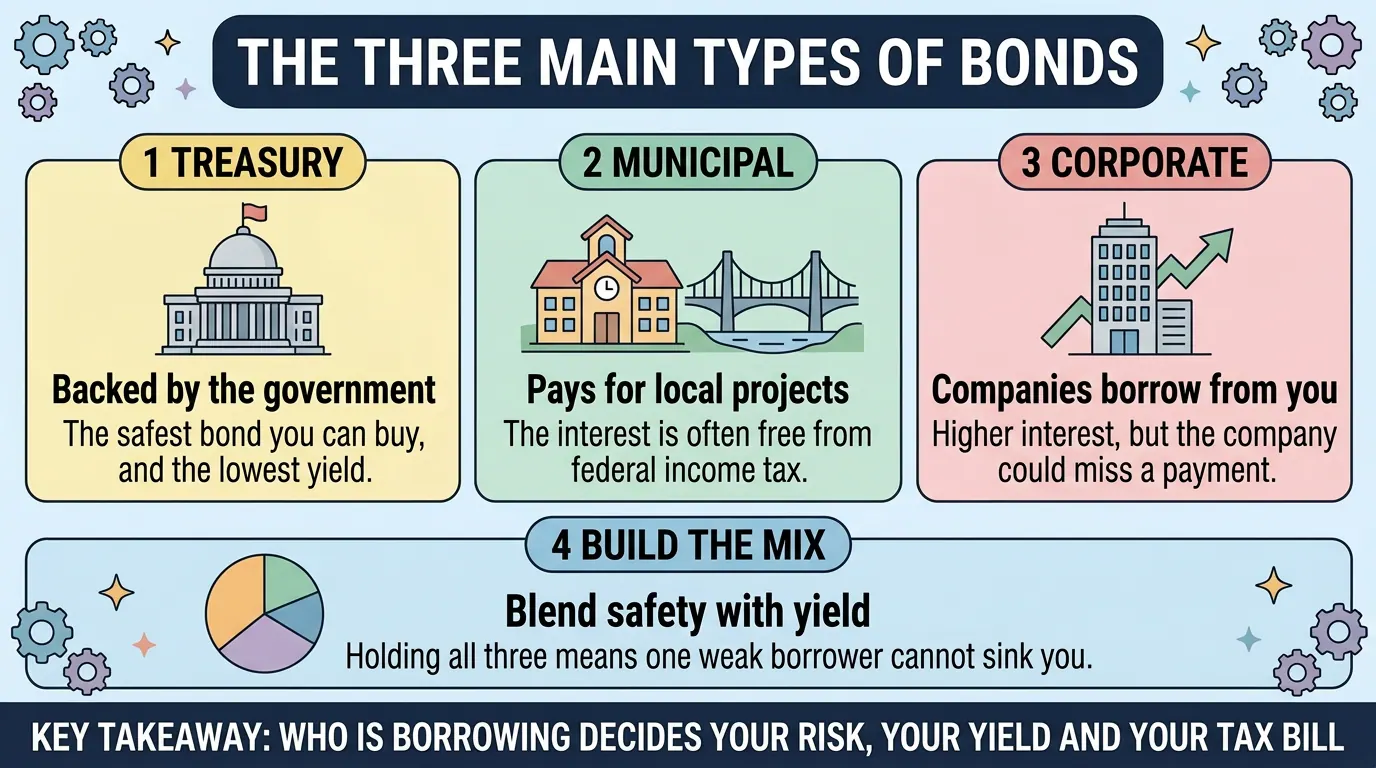 Treasury, municipal and corporate bonds compared on safety, tax treatment and yield, with a fourth panel on blending all three so one weak borrower cannot sink you.