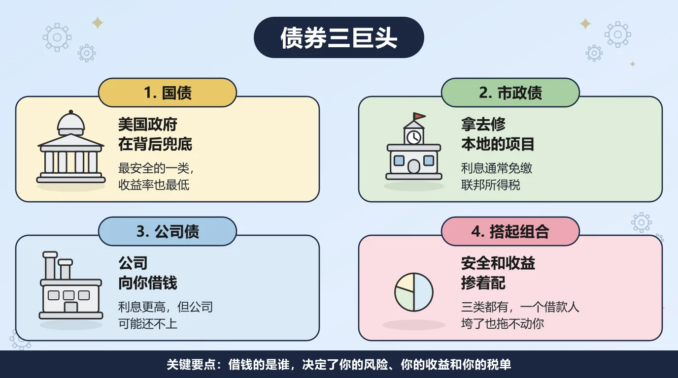 债券三巨头的对比：国债有美国政府在背后兜底，最安全但收益率也最低；市政债拿去修本地的项目，利息通常免缴联邦所得税；公司债的利息更高，但公司可能还不上；三类掺着配，一个借款人垮掉也拖不动你。