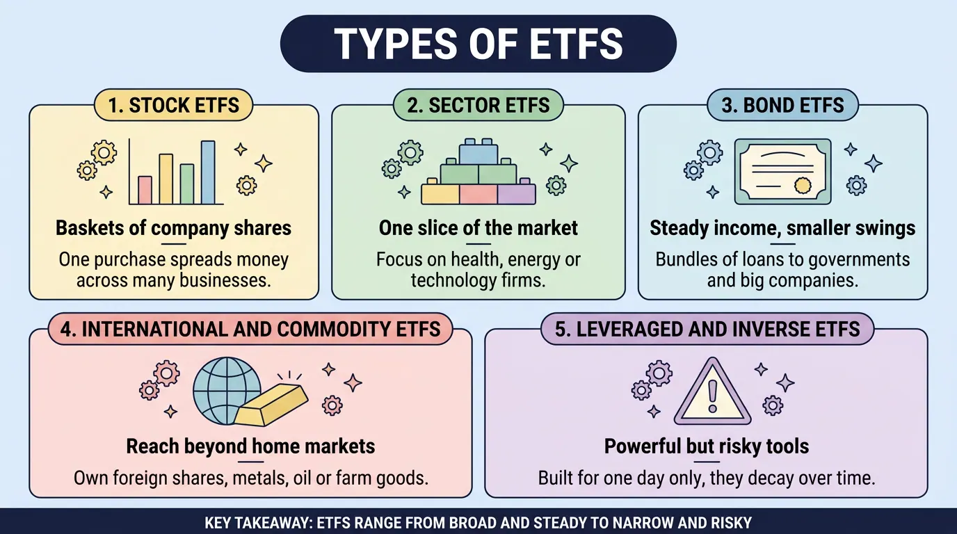 Five ETF categories in one view: stock, sector, bond, international and commodity, and leveraged or inverse funds, running from broad and steady to narrow and risky.