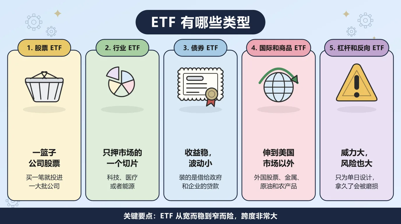 五类 ETF：股票 ETF 是一篮子公司股票，行业 ETF 只押市场的一个切片，债券 ETF 收益稳、波动小，国际和商品 ETF 伸到美国市场以外的股票和实物资源，杠杆和反向 ETF 威力大但只为单日设计。