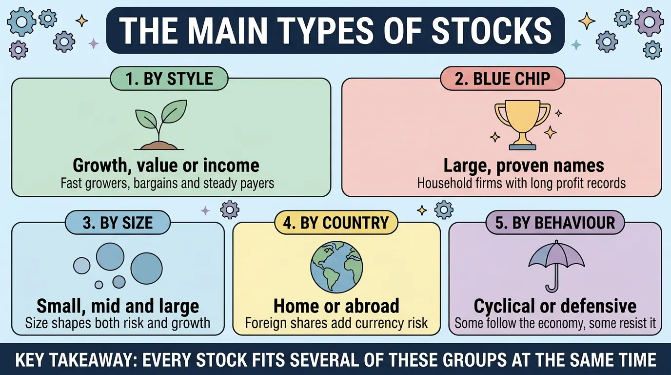Five ways stocks get grouped: by style (growth, value or income), blue chip status, size, country, and behaviour (cyclical or defensive), with every stock fitting several groups at once.