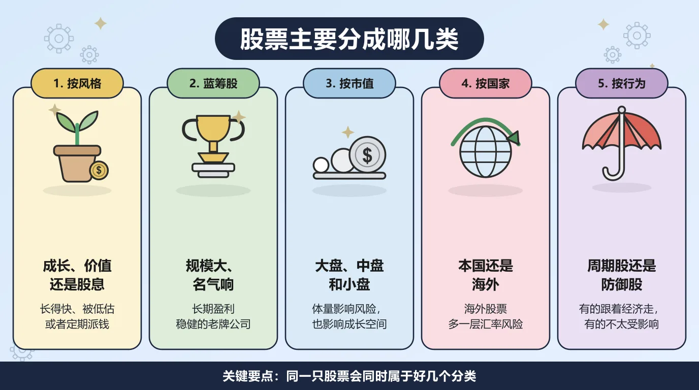 股票的五种分法：按风格分成成长股、价值股和股息股；蓝筹股是规模大、名气响、长期盈利稳健的老牌公司；按市值分成大盘股、中盘股和小盘股；按国家分成本国股票和海外股票，海外股票多一层汇率风险；按行为分成周期股和防御股。