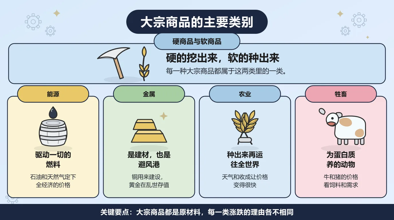 大宗商品的主要类别：先分硬商品和软商品，硬的从地下挖出来，软的种出来或者养出来；再往下分成四类，能源是驱动一切的燃料，金属既是建材也是避风港，农业作物种出来运往全世界，牲畜是为蛋白质养的动物，每一类涨跌的理由各不相同。