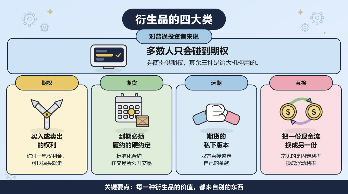衍生品的四大类：期权是按约定价格买入或卖出的权利，你付一笔权利金，可以掉头就走；期货是到期必须履约的硬约定，标准化合约在交易所公开交易；远期是期货的私下版本，双方直接谈定自己的条款；互换是把一份现金流换成另一份，最常见的是固定利率换成浮动利率。对普通投资者来说，多数人只会碰到期权，其余三种是给大机构用的。