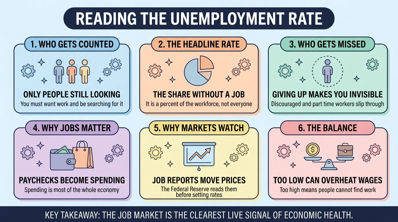 Six panels on reading the unemployment rate: who gets counted, the headline share without a job, who gets missed, why paychecks drive spending, why markets watch job reports, and the balance between too low and too high.