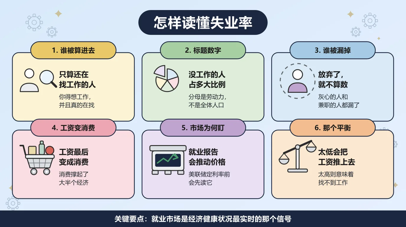 读懂失业率的六个方面：只有还在找工作的人才被算进去，标题数字是没工作的人占劳动力的比例，放弃找工作的人和只能做兼职的人被漏掉，工资最后变成消费而消费撑起了大半个经济，就业报告会推动市场价格，失业率太低会把工资推上去、太高则意味着人们找不到工作。