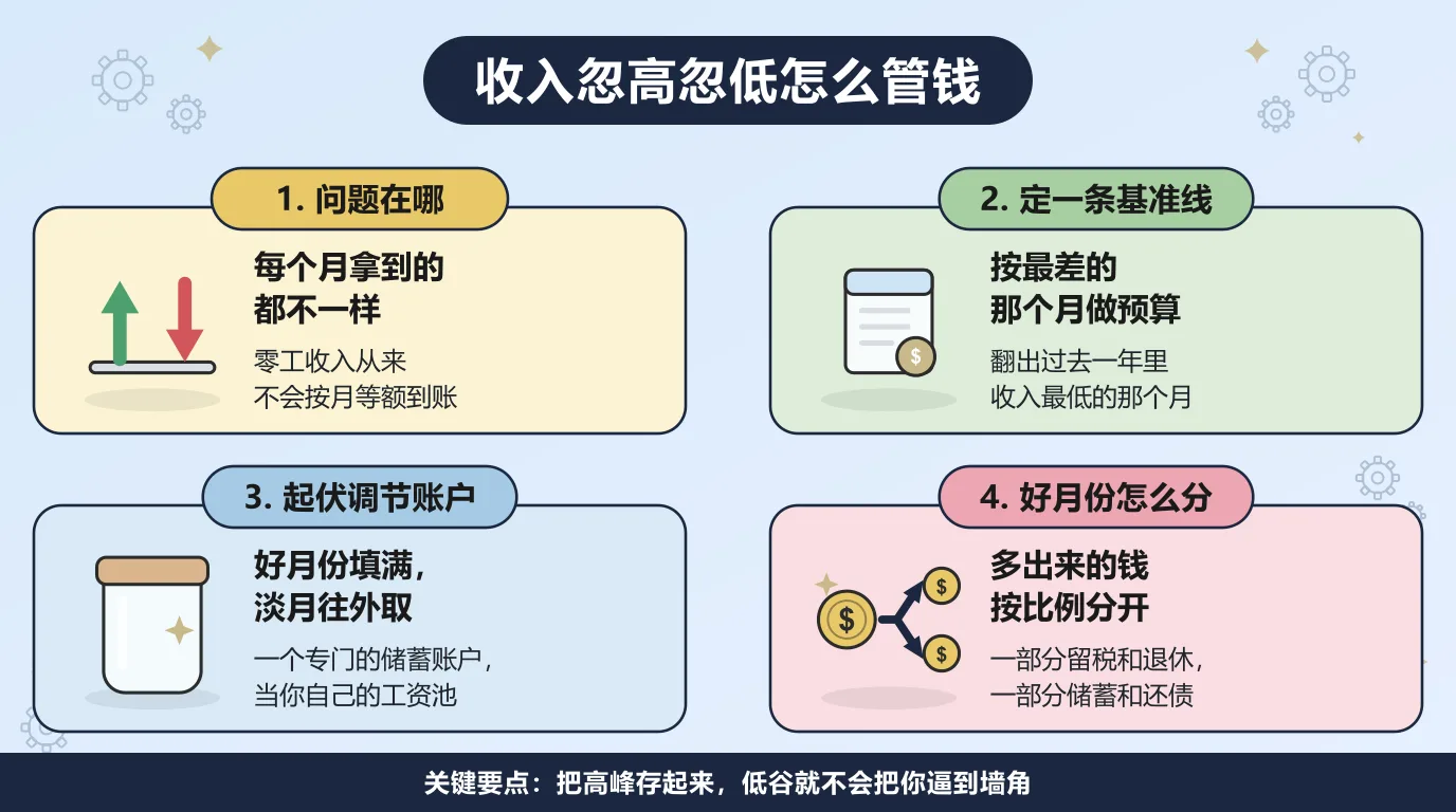 收入不稳定时怎么做预算：零工和自由职业的收入从来不会按月等额到账；把基础预算建在你一年里最差的那个月上；留一个起伏调节账户，好月份存进去、淡月取出来；好月份多出来的钱按固定比例分开，一部分留给税和退休，一部分给储蓄和还债。