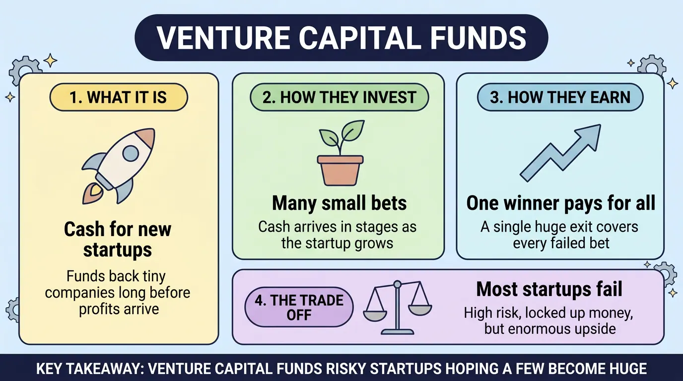 Four panels on venture capital: cash for young startups before profits arrive, many small bets funded in stages, one huge exit paying for every failure, and high risk with money locked up.