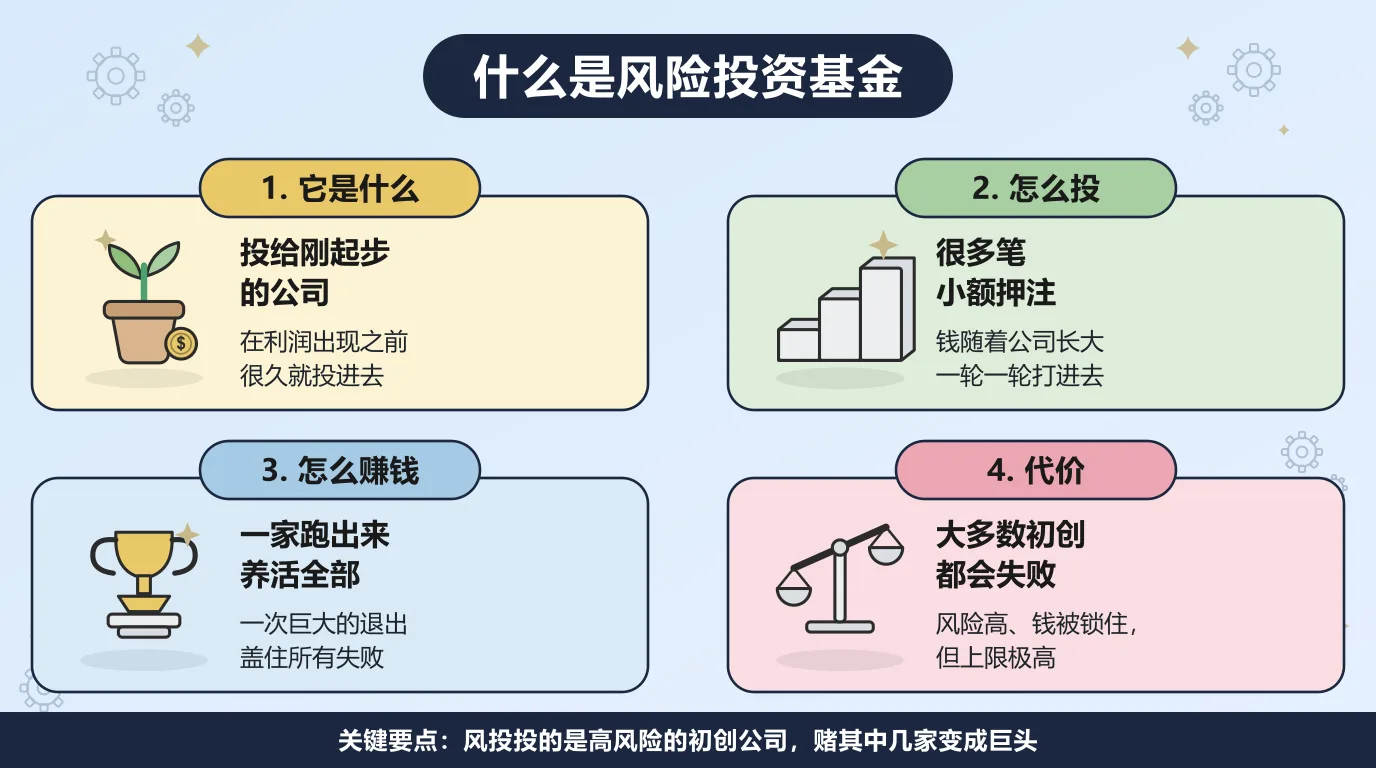 风险投资的四个方面：把钱投给还没有利润的年轻公司；同时下很多笔小额押注，钱随着公司长大一轮一轮打进去；靠一次巨大的退出盖住所有失败的项目；代价是大多数初创都会失败，风险高，钱也被锁住。