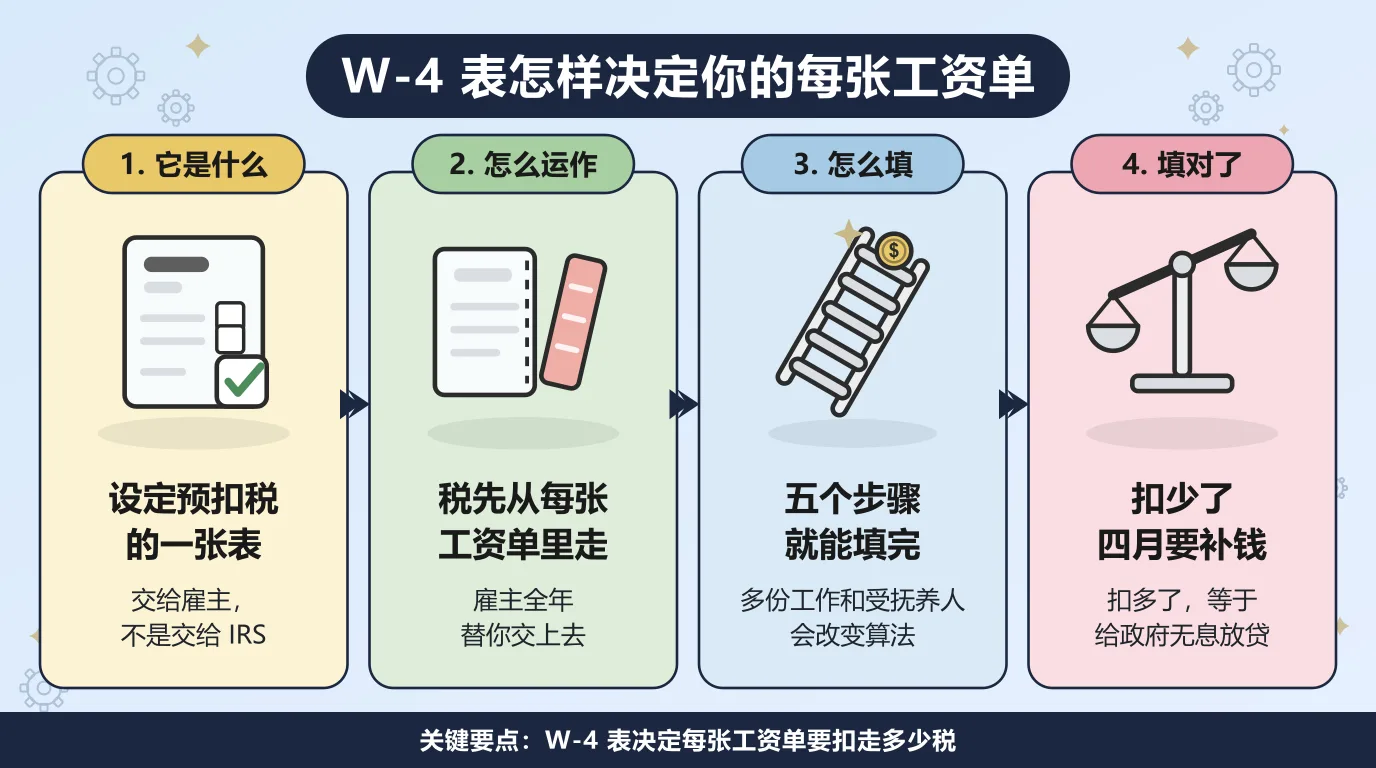 W-4 表的四个步骤：它是一张设定预扣税的表，交给雇主而不是交给 IRS；税先从每张工资单里走，由雇主全年替你交上去；五个步骤就能填完，多份工作和受抚养人会改变算法；扣少了四月要补钱，扣多了等于给政府无息放贷。