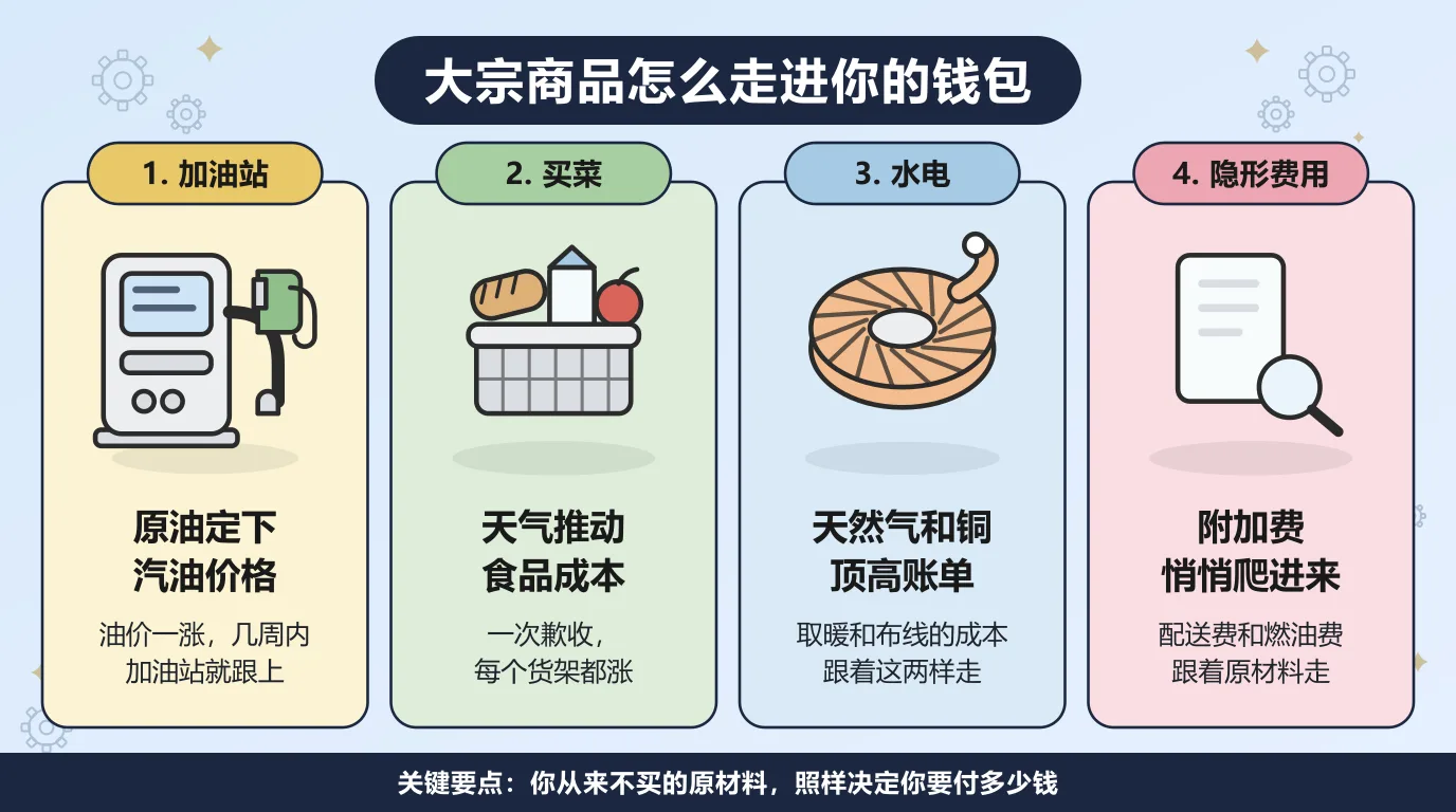 大宗商品走进你钱包的四条路：加油站上，原油定下汽油价格，油价一涨几周内就跟上；超市里，天气推动食品成本，一次歉收每个货架都涨；水电账单上，天然气和铜顶高费用，取暖和布线的成本跟着它们走；还有悄悄爬进来的附加费，配送费和燃油费都跟着原材料走。你从来不买的原材料，照样决定你要付多少钱。