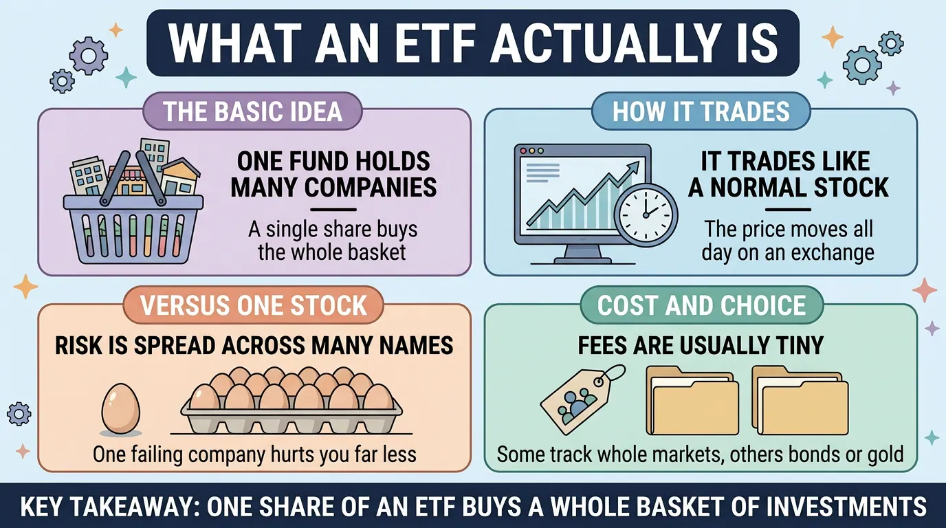 Four panels defining an ETF: one fund holds many companies, it trades on an exchange like a normal stock, risk spreads across names so one failure hurts less, and fees are usually tiny.