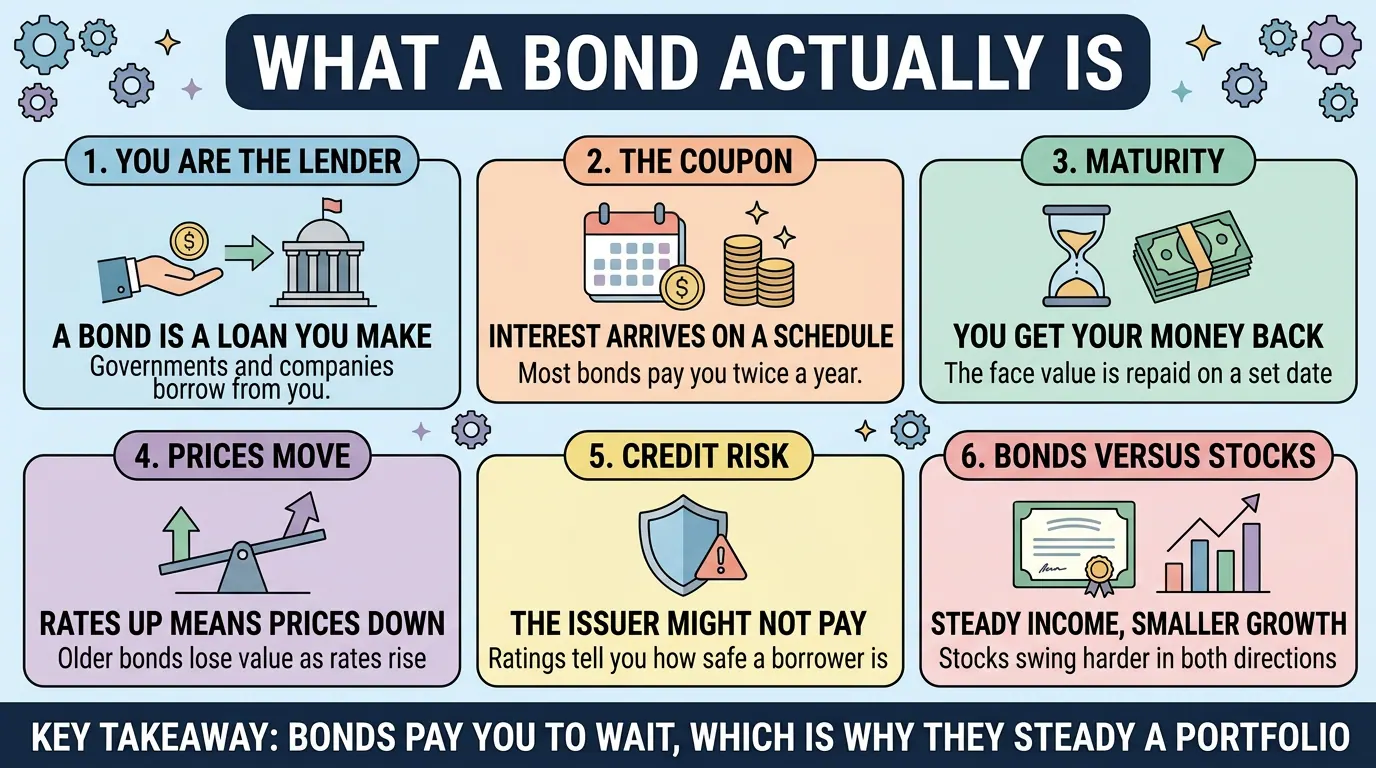 Six panels on what a bond is: you are the lender, coupons arrive on a schedule, face value returns at maturity, prices fall as rates rise, plus credit risk and bonds versus stocks.