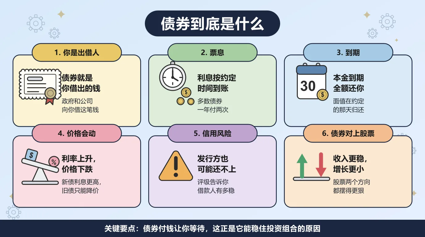 关于债券的六件事：买一张债券就是把钱借出去，利息按约定的时间到账，本金在到期日全额归还，市场利率上升时旧债券的价格会下跌，发行方仍然可能还不上钱，而债券的收入比股票稳、增长也比股票小。