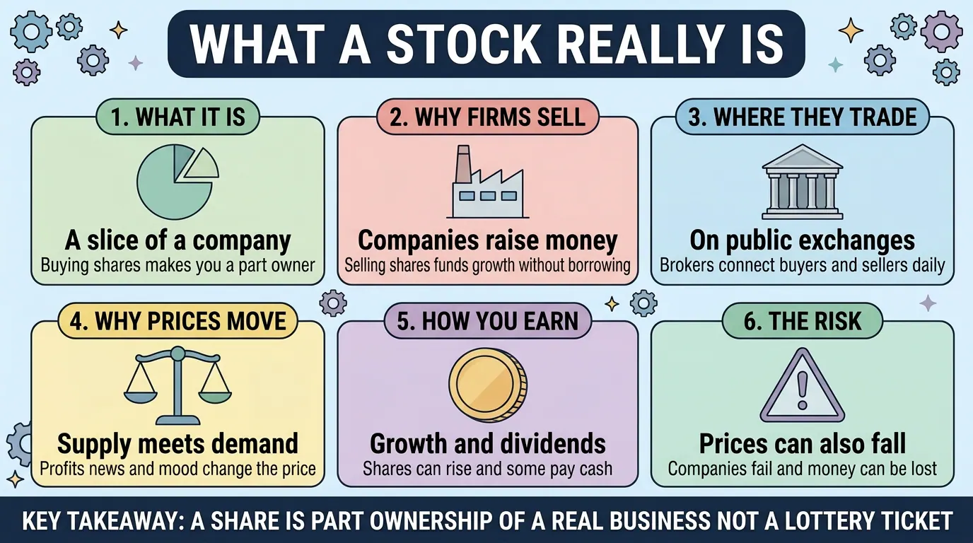 Six panels on what a share is: part ownership of a company, why firms sell shares, where they trade, what moves prices, how you earn, and the risk that prices fall.
