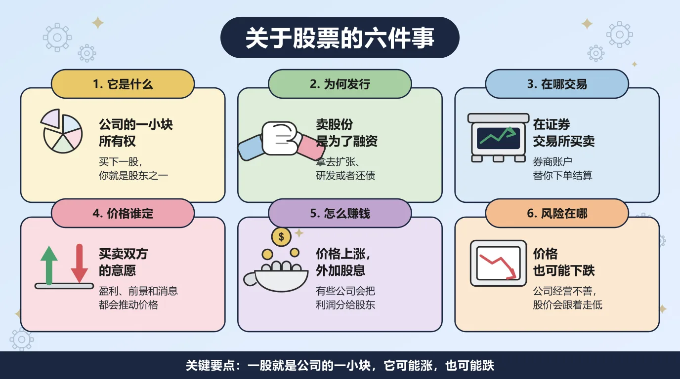关于股票的六件事：一股是公司的一小部分所有权，公司发行股票是为了融资，股票在证券交易所买卖，价格由买卖双方的意愿决定，你靠上涨和股息赚钱，而价格也可能下跌。