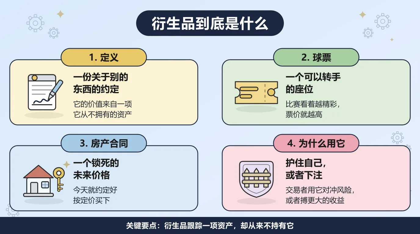 衍生品到底是什么：它是一份关于别的东西的约定，价值来自一项它从不拥有的标的资产；一张可以转手的球票就是例子，比赛看着越精彩票价就越高；一份锁死未来价格的房产合同也是；人们用它护住自己，或者对市场下注。