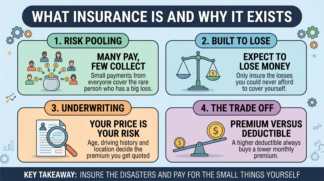 Four panels explaining insurance: risk pooling means many pay and few collect, you should expect to lose money, underwriting sets your price, and premium trades off against deductible.