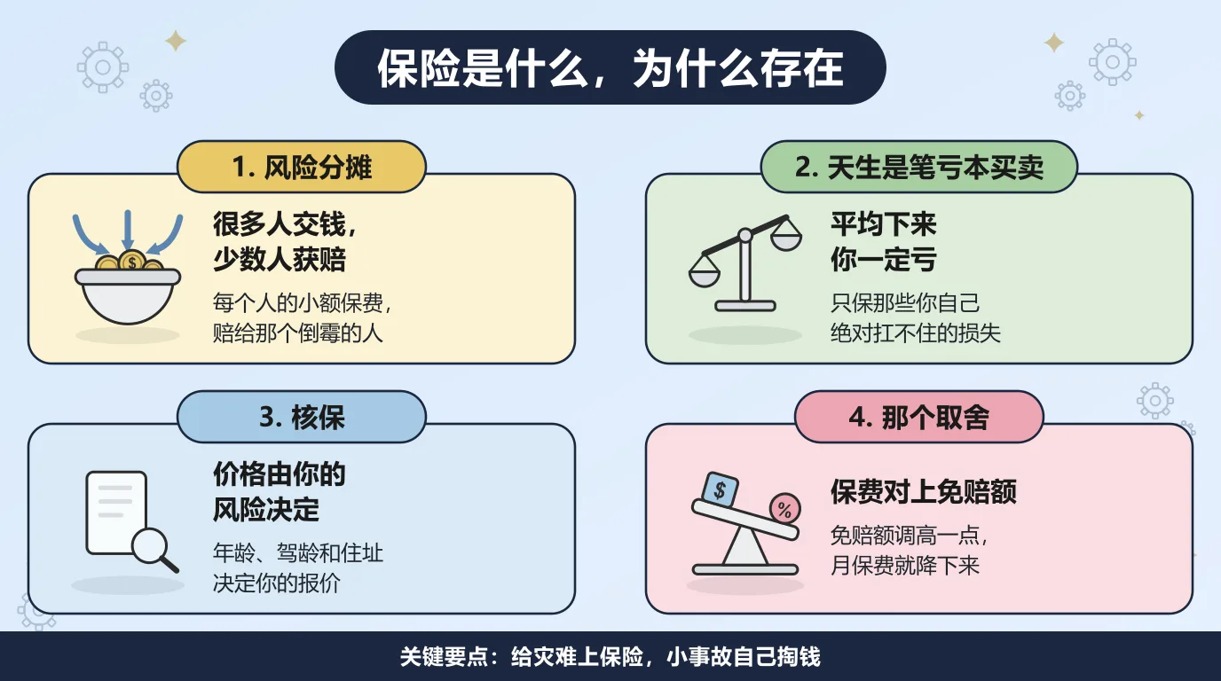 保险的四个基本原理：很多人各交一笔小额保费，赔给少数遭遇大损失的人；保险按设计平均下来就是一笔亏本买卖，所以只保你自己扛不住的损失；核保按你的风险给你定价；免赔额调得越高，月保费就越低。