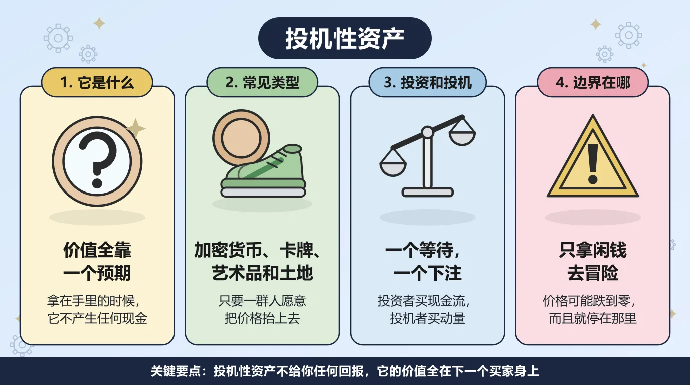 投机性资产的四个方面：拿在手里的时候它不产生任何现金，价值全靠一个预期；常见的有加密货币、卡牌、艺术品和土地，只要一群人愿意把价格抬上去就算；投资者买的是现金流，投机者买的是动量；所以只拿闲钱去冒险，价格可能跌到零，而且就停在那里。