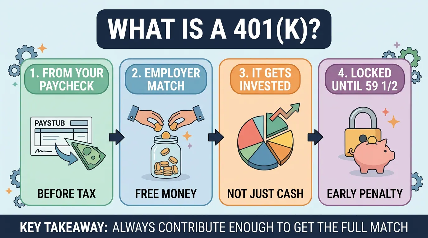 Four step diagram of a 401(k): money leaves your paycheck before tax, an employer match adds to it, it gets invested rather than sitting in cash, and it is locked until age 59 1/2.