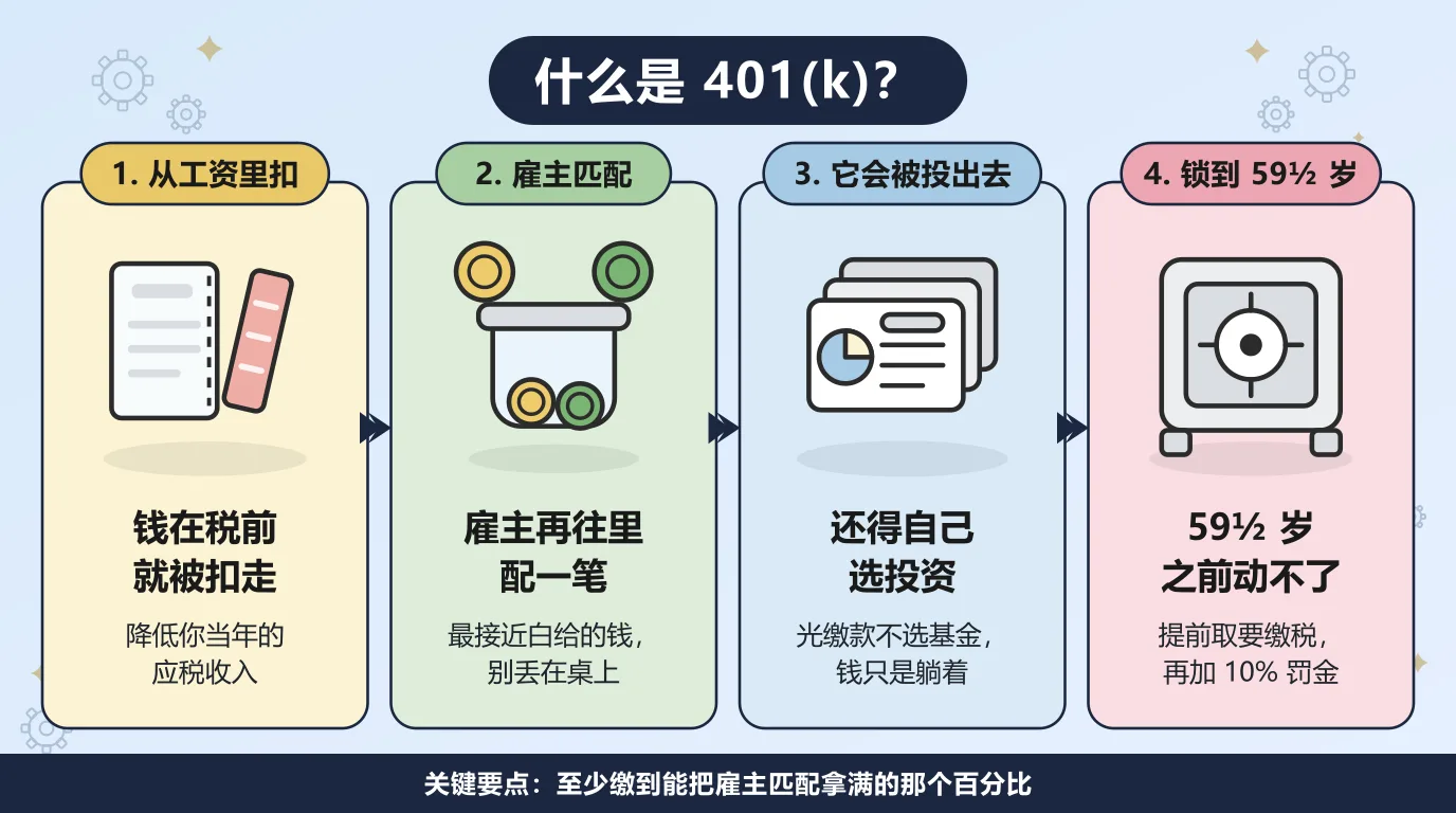 401(k) 的四个步骤：缴款在计算所得税之前就从工资里扣走，雇主按公式再往里配一笔，账户里的钱要你自己选定投资才算真正投出去，而这笔钱到 59½ 岁之前一般动不了，提前取要缴所得税再加 10% 罚金。