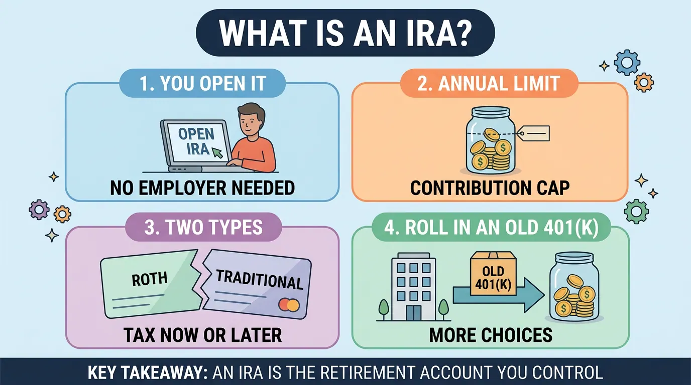 Four panels on IRAs: you open one yourself with no employer, an annual contribution cap applies, Roth and traditional decide tax now or later, and an old 401(k) can roll in.
