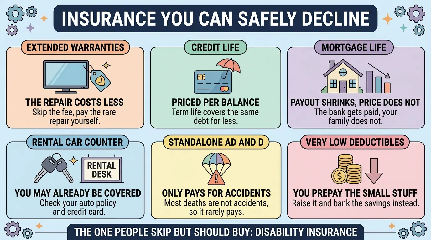 Six policies you can safely skip (extended warranties, credit life, mortgage life, rental counter cover, standalone AD and D, very low deductibles) against the one to buy, disability insurance.