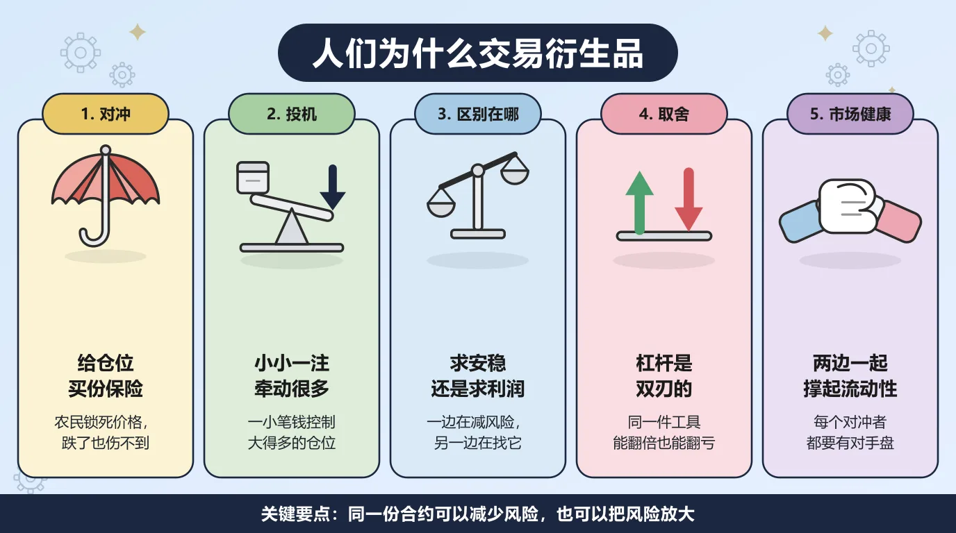 人们为什么交易衍生品的五个方面：对冲是给仓位买份保险，农民锁死价格，跌了也伤不到；投机是小小一注牵动很多，一小笔钱控制大得多的仓位；两者的区别在于一边在减风险，另一边在主动找风险；取舍是杠杆双刃，同一件工具能翻倍也能翻亏；两边合起来才撑起流动性，每个对冲者都要有一个对手盘。
